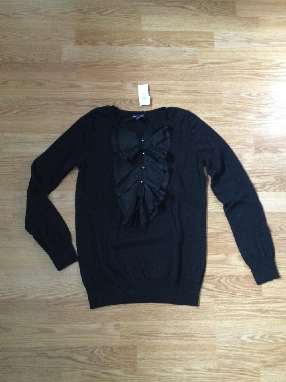 GAP Black Long Sleeve Knit Top w/ Silk Ruffle Bib Decorative Buttons M